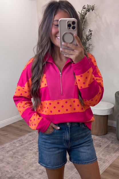 Pink Stripe Patchwork Polka Dot Accent Quarter Zip Long Sleeve Top