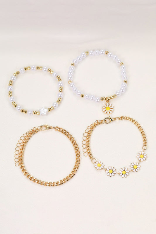 White 4pcs Daisy Pearl Beaded Chain Bracelet Set