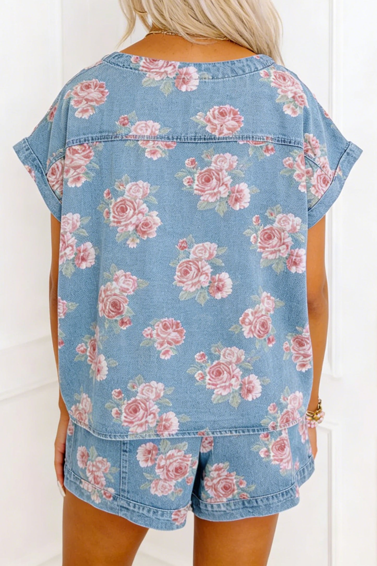 Sky Blue Floral Denim Short Sleeve Top Loose Shorts 2pcs Set