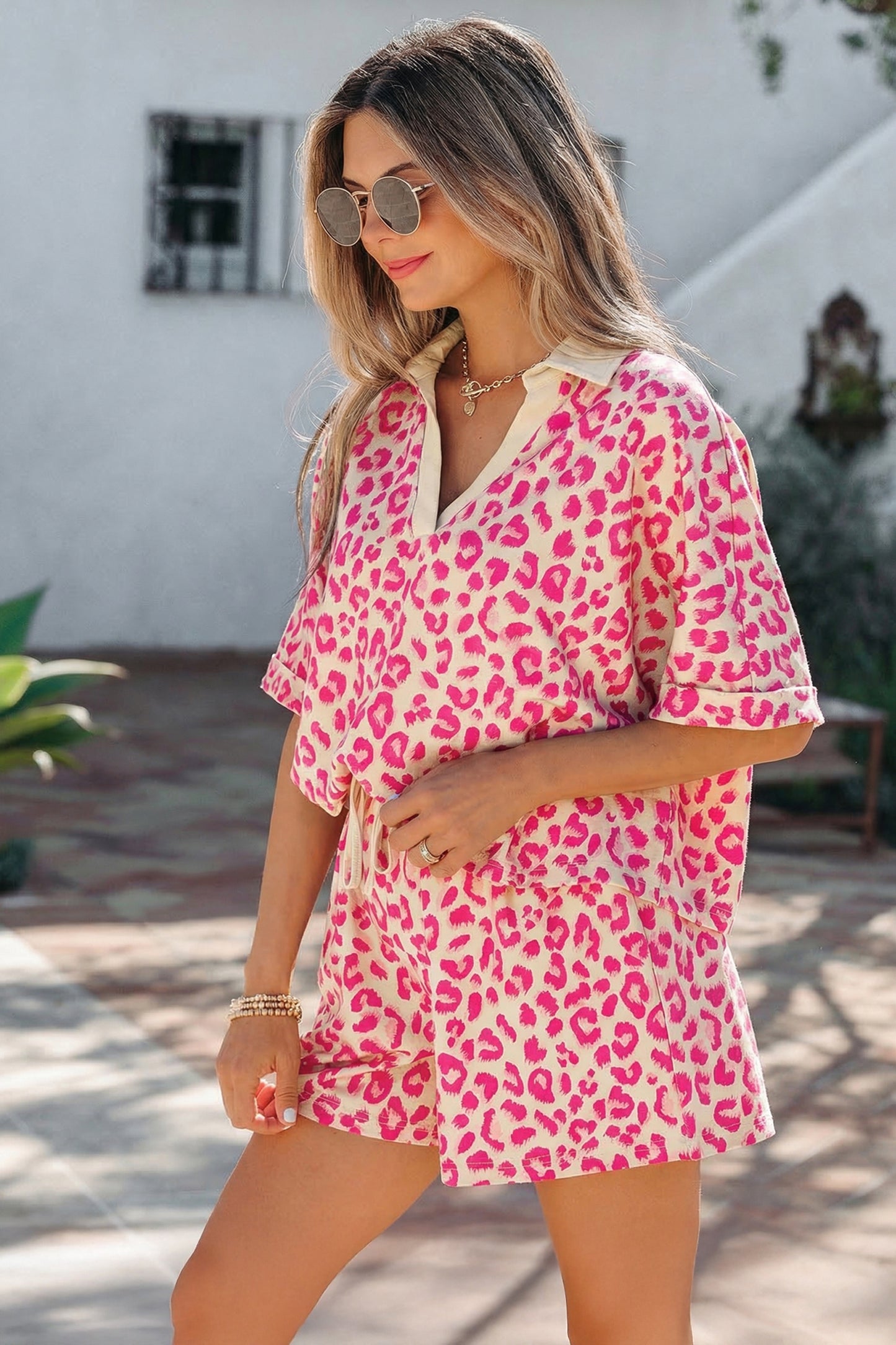 Rose V Neck Collar Leopard Printed 2pcs Short Set