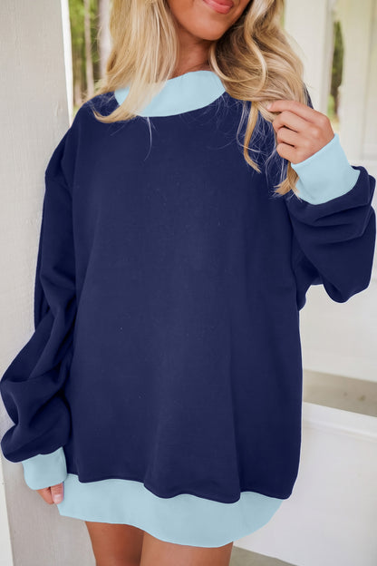 Dirty blue Colorblock Trim Crewneck Long Sleeve Pullover Sweatshirt
