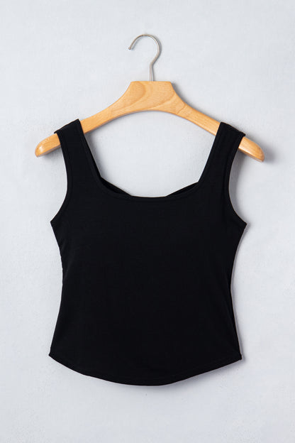 Black Twisted Cross Back Sleeveless U Neck Bra Insert Tank Top