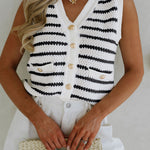 Black Stripe V Neck Gold Buttons Elegant Sweater Vest