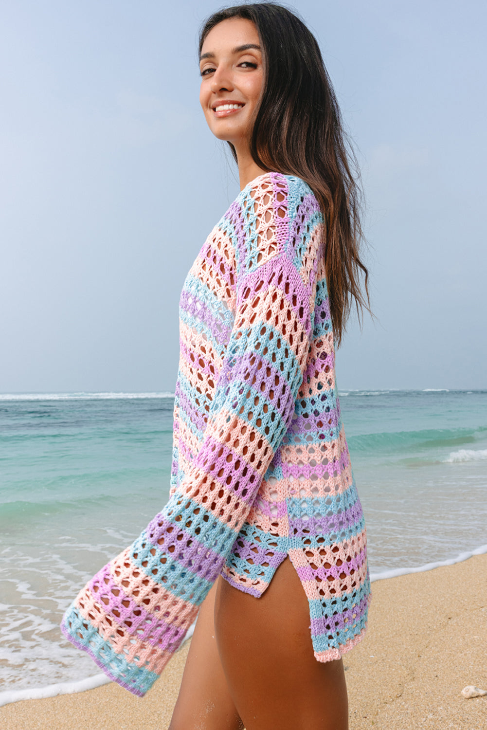 Pull de plage en maille ajourée à rayures multiples violet