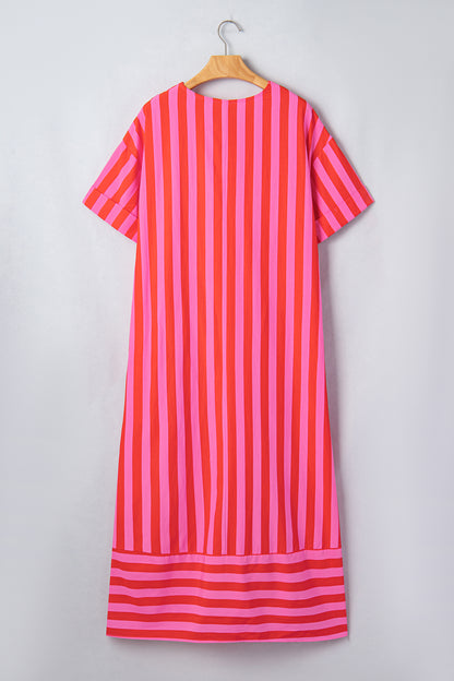Red Stripe V Neck Cuffed Sleeve Relaxed Split Midi Dress