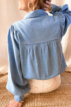 Sky Blue V-shape Stitching Puff Sleeve Denim Shirt