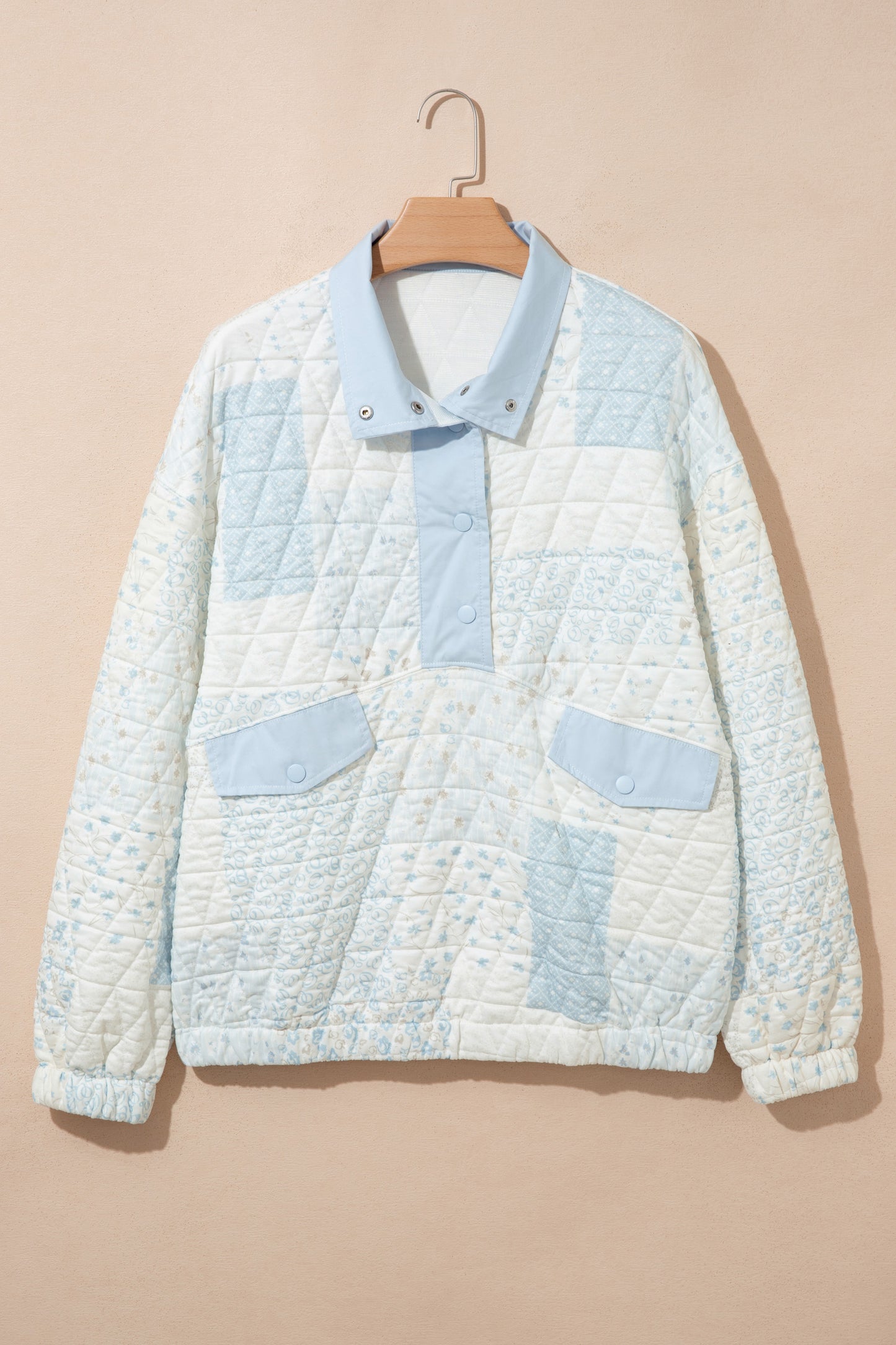 Multicolour Floral Quilted Half Button Pocketed Pullover Sweatshirt