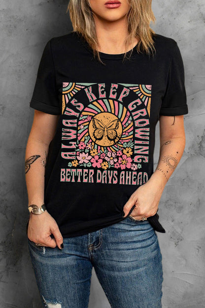 T-shirt ras du cou noir à imprimé papillon et fleur