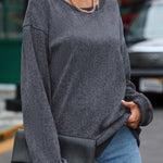 Gray Solid Ribbed Knit Round Neck Pullover Sweatshirt