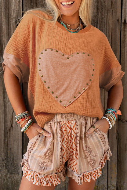 Haut dolman texturé à patch cœur et clous dorés du désert