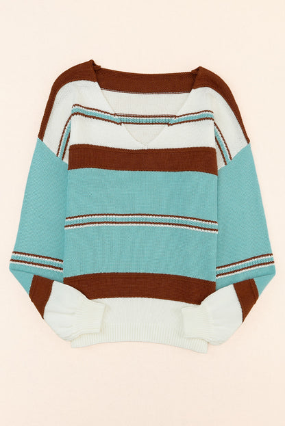 Peach Blossom Striped Pattern Knit V Neck Sweater