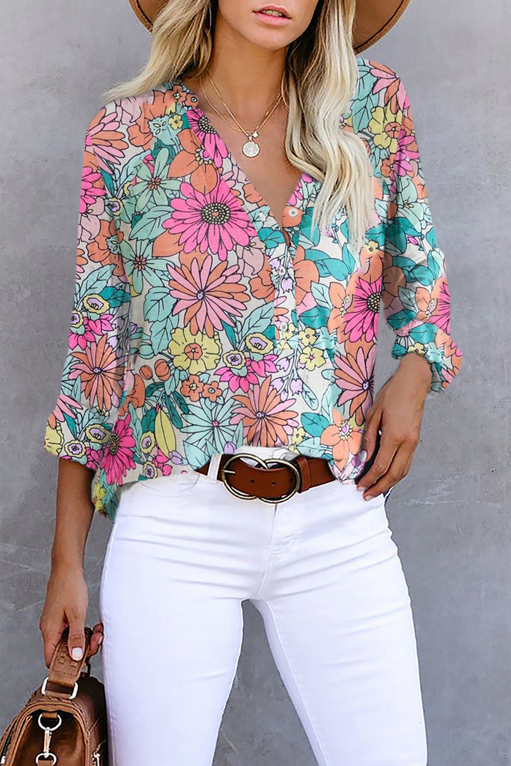 Top de manga larga con bolsillo y cuello en V a rayas blanco/azul