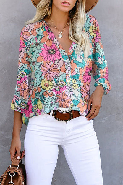 Top de manga larga con bolsillo y cuello en V a rayas blanco/azul