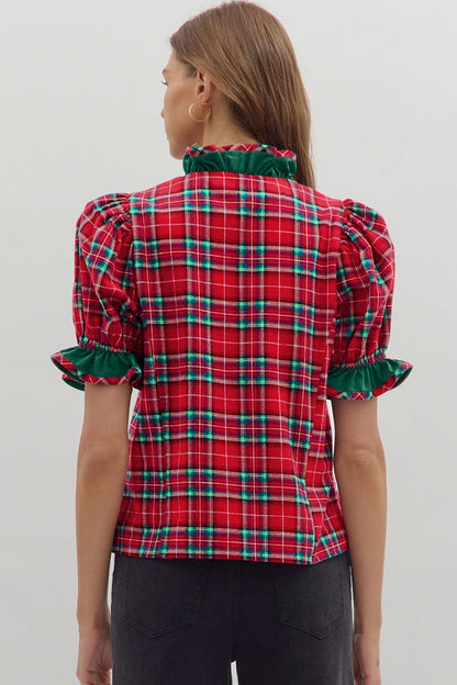 Red Plaid V Neck Ruffle Color Block Trim Short Sleeve Shirt