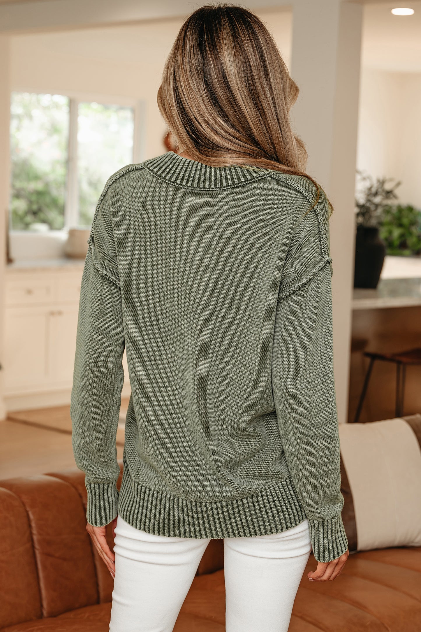Black Mineral Wash V Neck Knit Exposed Seam Drop Shoulder Loose Sweater