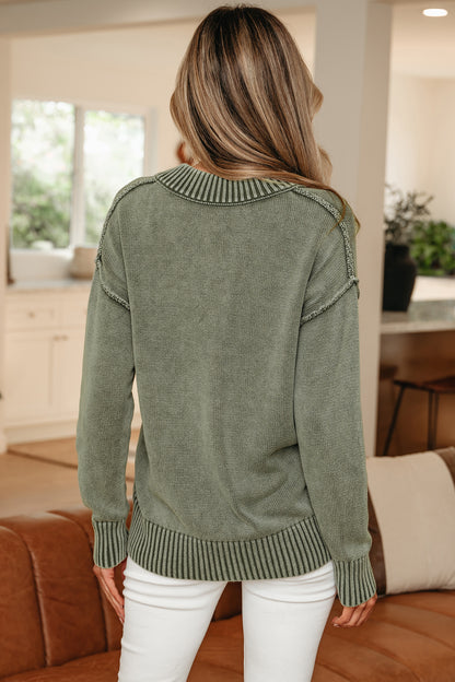 Black Mineral Wash V Neck Knit Exposed Seam Drop Shoulder Loose Sweater