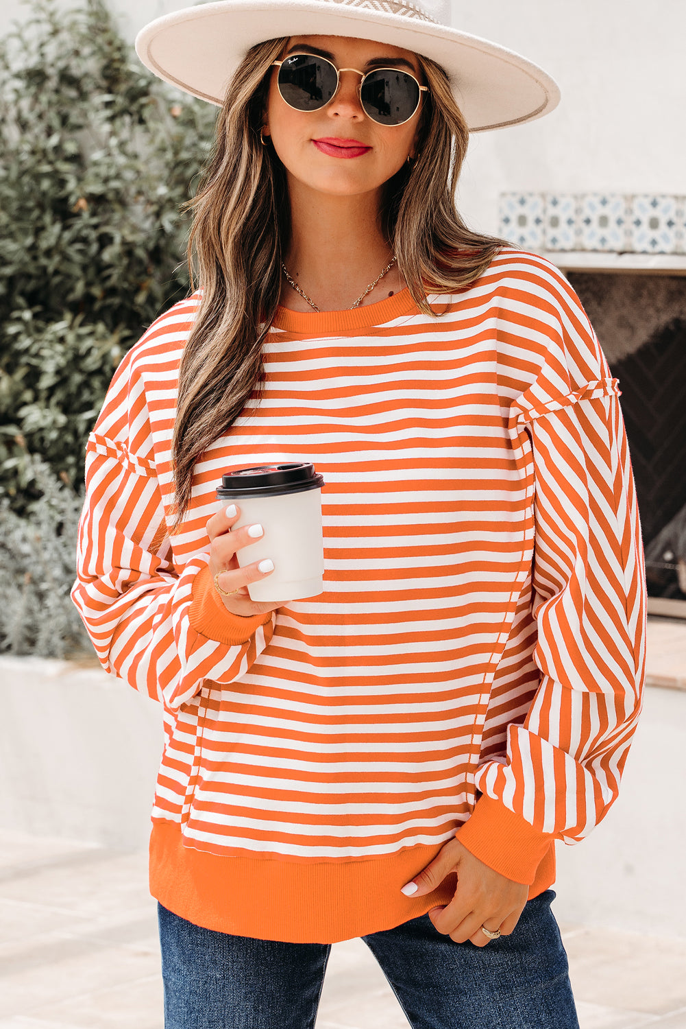 Red Stripe Exposed Seam Drop Shoulder Casual Pullover Top
