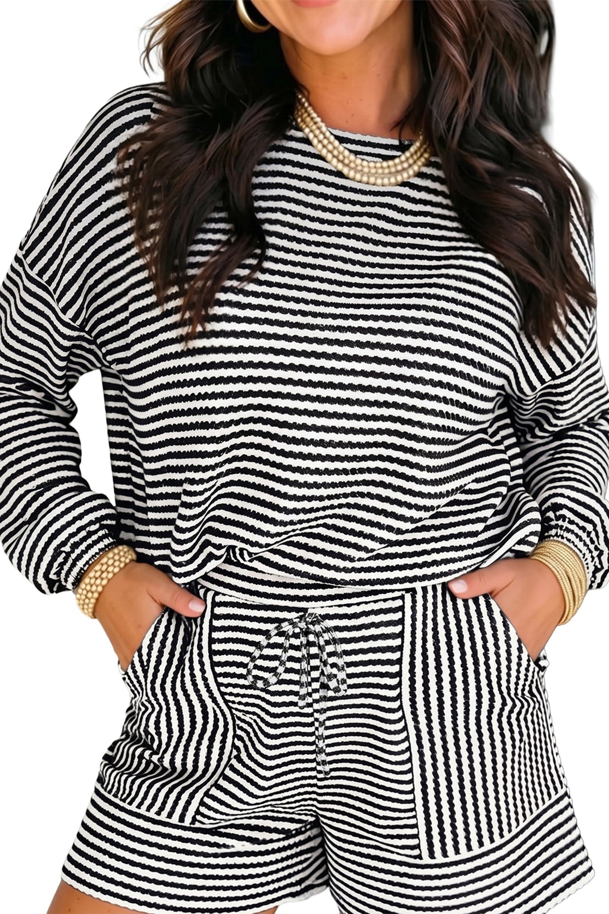 Black Stripe Textured Knit Long Sleeve Top Elastic Waist Shorts Casual Outfit