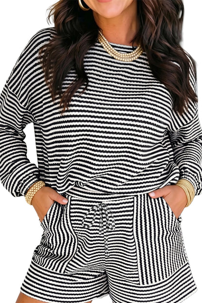Black Stripe Textured Knit Long Sleeve Top Elastic Waist Shorts Casual Outfit