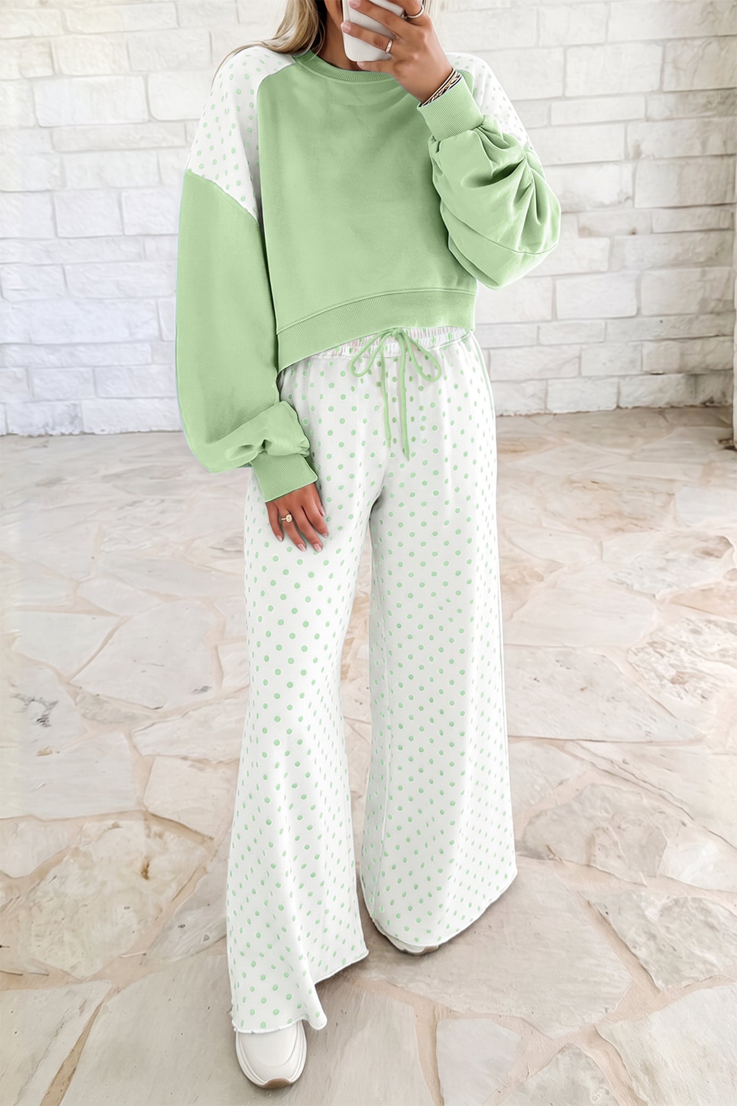 Green Polka Dot Patchwork Colorblock Long Sleeve Casual Two Piece Pants Set
