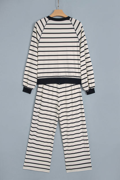 Beige Stripe Relaxed Long Sleeve Top Color Block Detail Drawstring Pant Set