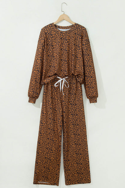 Brown Leopard Print Long Sleeve Top Relaxed Pant Set