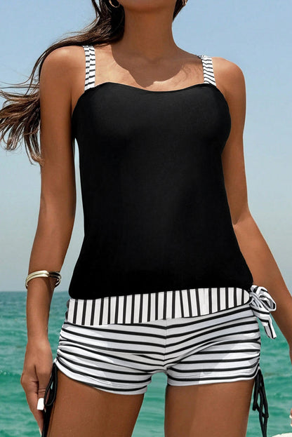 Ensemble tankini à rayures noires et cordon de serrage latéral