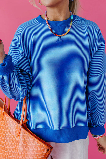 Blue Stripe Ribbed Cuffs Hem Long Sleeve Pullover Top