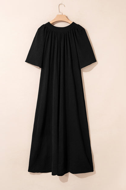 Black Plus Size Solid Color Notched Neck Short Sleeve Loose Dress