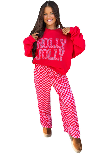 Red Christmas Slogan Graphic Plaid Contrast Two-piece Pant Set