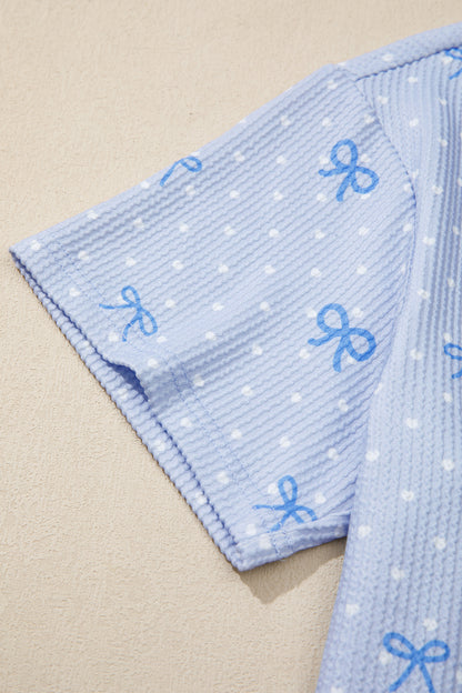 Sky Blue Tiny Heart Bow Print Twisted Rib Loose 2pcs Short Set