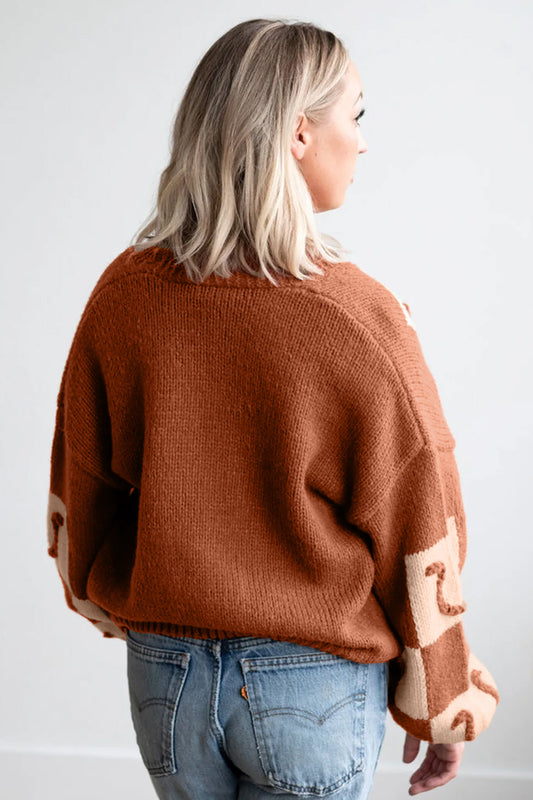 Brown Horseshoe Plaid V Neck Knit Button Front Sweater Cardigan