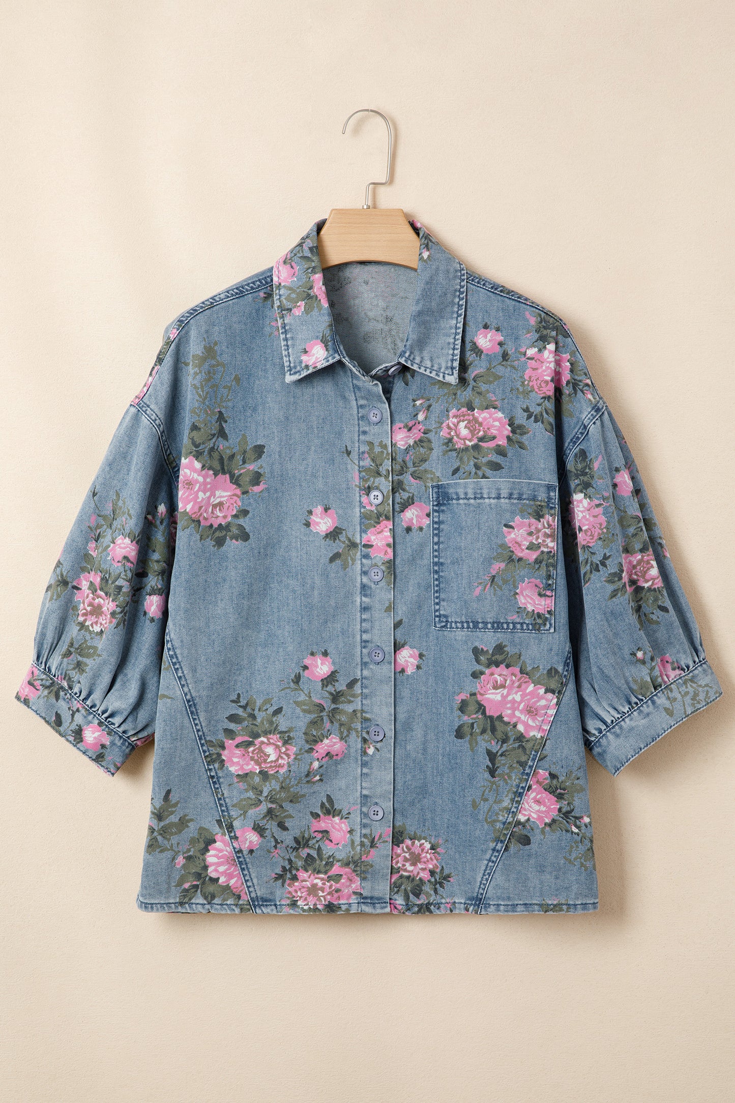 Blue Bracelet Sleeve Floral Denim Shirt