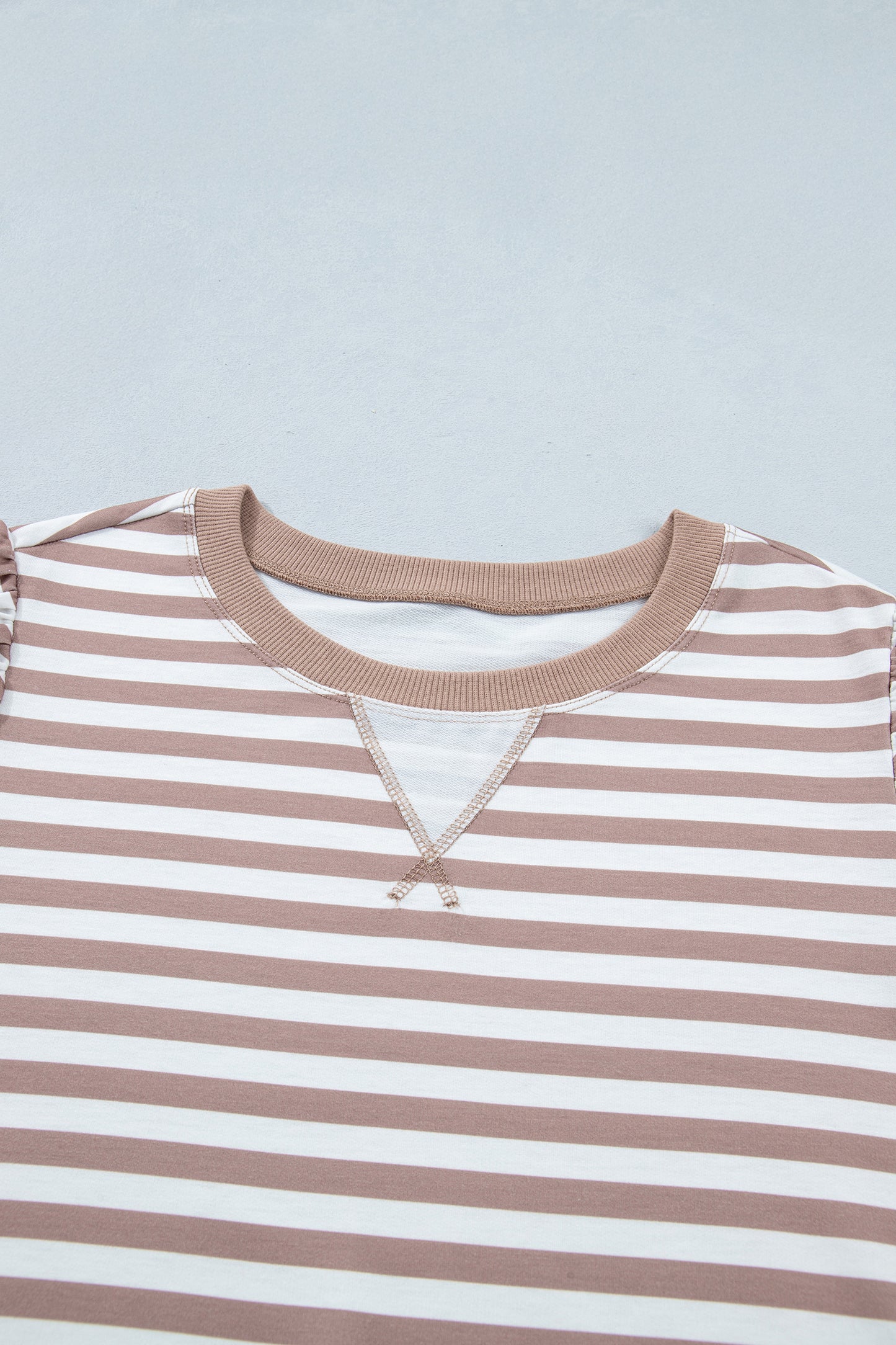 Khaki Stripe Ribbed Trim Round Neck Short Puff Sleeve Plus T Shirt