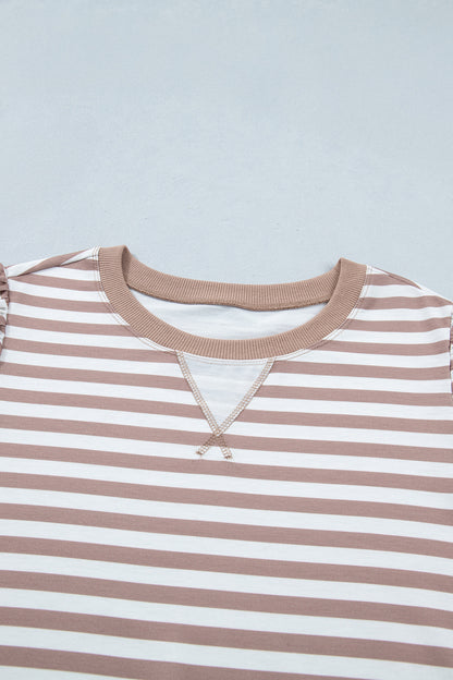 Khaki Stripe Ribbed Trim Round Neck Short Puff Sleeve Plus T Shirt