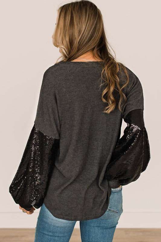Black Plus Size Sequin Bubble Sleeve V Neck Knit Top