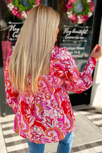 Blusa babydoll con cuello de corazón floral y talla grande roja 