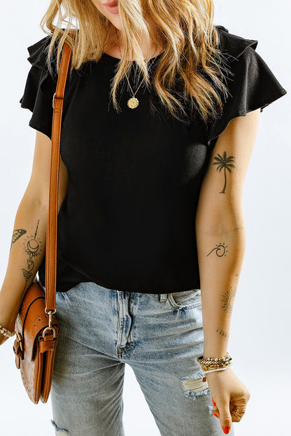 T-shirt uni à manches courtes et volants superposés 