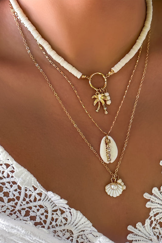 White Beach Seashell Multi Layered Pendant Necklace