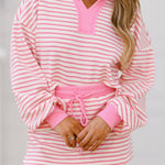 Pink Stripe Collared V Neck Drop Shoulder Pullover and Skort 2pcs Outfit