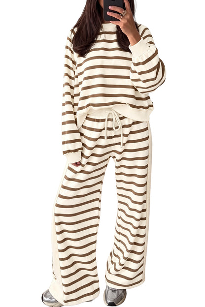 Khaki Stripe Relaxed Long Sleeve Top Color Block Detail Drawstring Pant Set