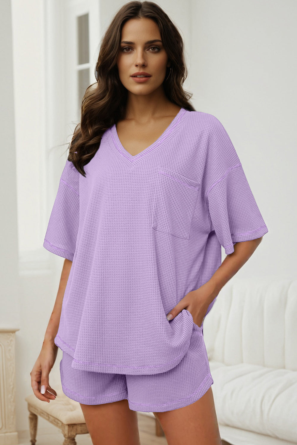 Orchid Petal Solid Color Waffled V Neck Loose Tee Drawstring Shorts Set