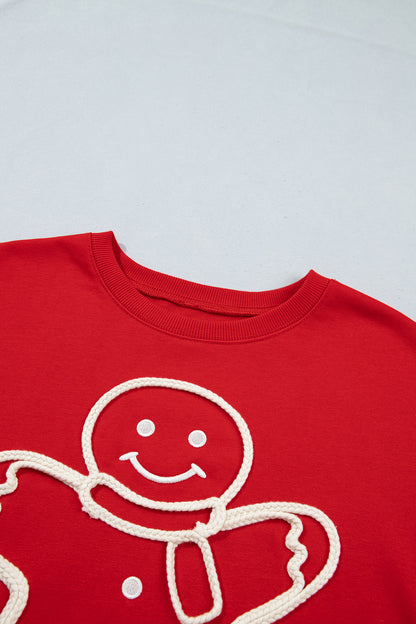 Fiery Red Christmas Embroidered Long Sleeve Casual Round Neck Loose Fit Sweatshirt