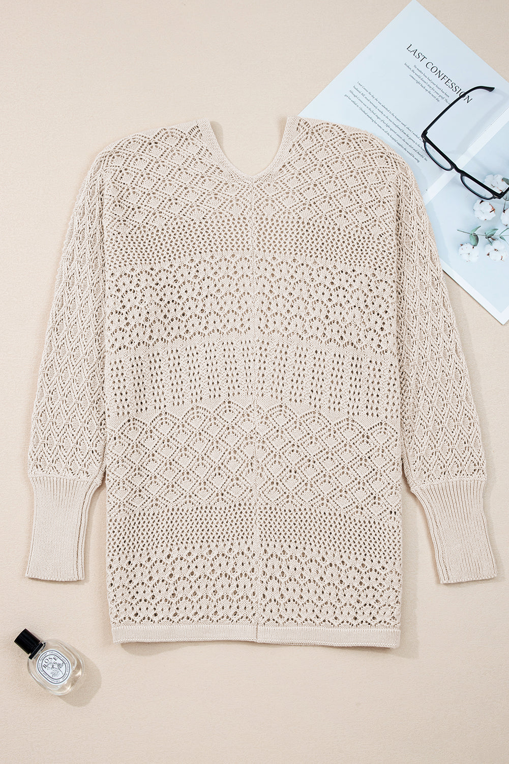 Jet Stream Mix Pattern Hollowed Knit Open Front Cardigan