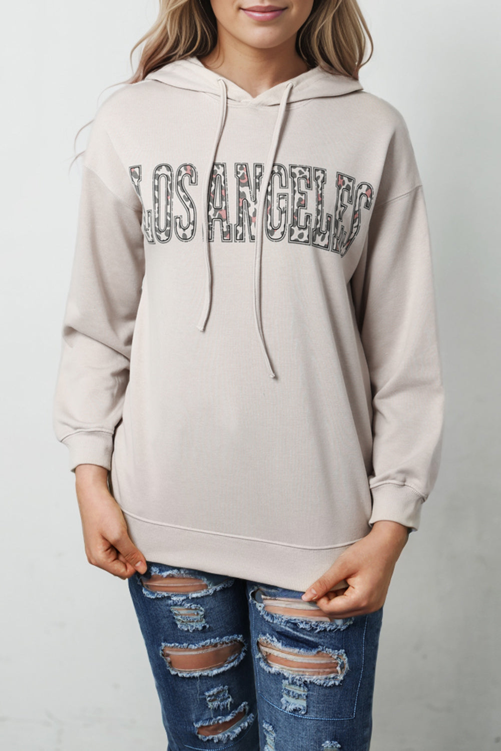 Sudadera con capucha y estampado de letra de leopardo de LOS ANGELES en color caqui 