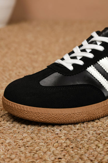 Color black PU Leather Color Block Varsity Lace Up Flat Shoes