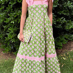 Green Floral Print Striped Detail Knot Straps Maxi Dress