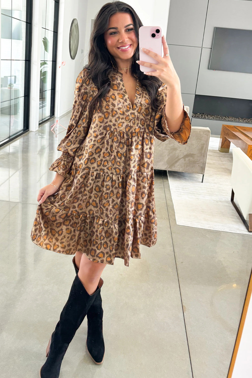 leopard print loose dress All in Favor Women's Leopard Print V Collar Loose Dress Sz XL