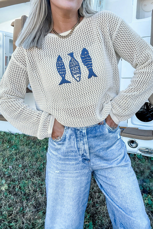 White Open Knit Fish Embroidered Casual Sweater