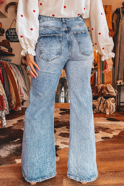 Beau Blue Acid Wash Pocket Detail Flare Jeans